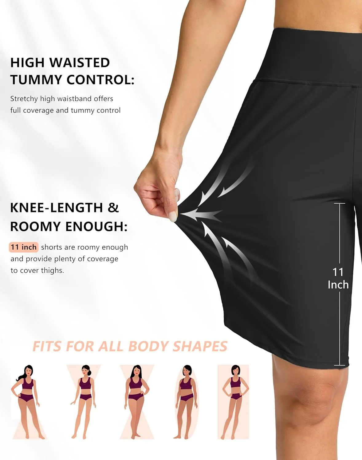 G Gradual Women's High Waisted Swim Board Shorts 11" Knee Length Beach Swimming Long Shorts for Women with Pockets Liner