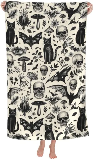 Gothic Retro Beach Towel,32x52in Microfiber Quick Dry Black Cat Skull Bat Mushroom Vintage Goth Bath Towels,Soft Lightweight Oversized Sand Free,for Travel Pool Swimming Decor