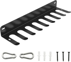 Heavy-duty metal baseball and softball bat rack, holds 16 baseball/softball bats, comes with hanging clips and screws for mounting on a wall or clipping to an air-raid fence