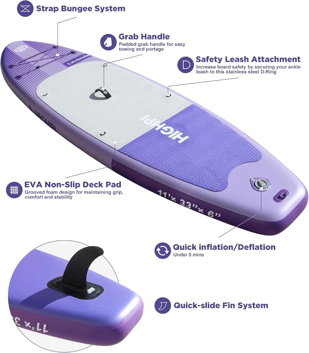 Highpi Inflatable Stand Up Paddle Board Premium SUP Accessories, Backpack, Wide Stance, Surf Control, Non-Slip Deck, Leash, Paddle and Pump, Standing Boat for Youth and Adult