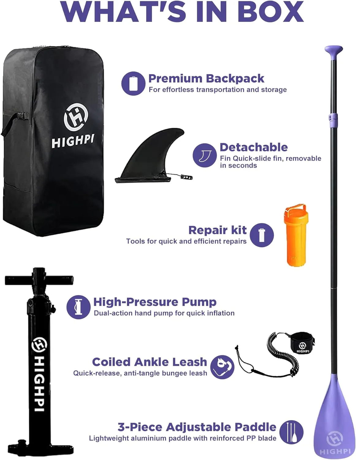 Highpi Inflatable Stand Up Paddle Board Premium SUP Accessories, Backpack, Wide Stance, Surf Control, Non-Slip Deck, Leash, Paddle and Pump, Standing Boat for Youth and Adult