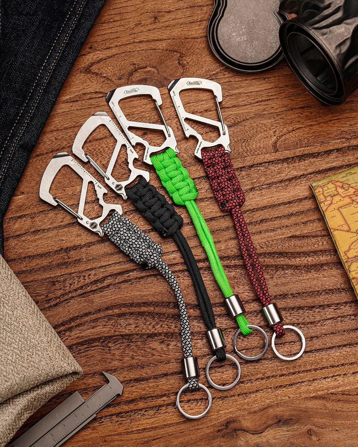 KeyUnity KC04 Paracord Keychain Carabiner Clip, Braided Lanyard with Stainless Steel Key Ring and Bead for Hanging Bottles