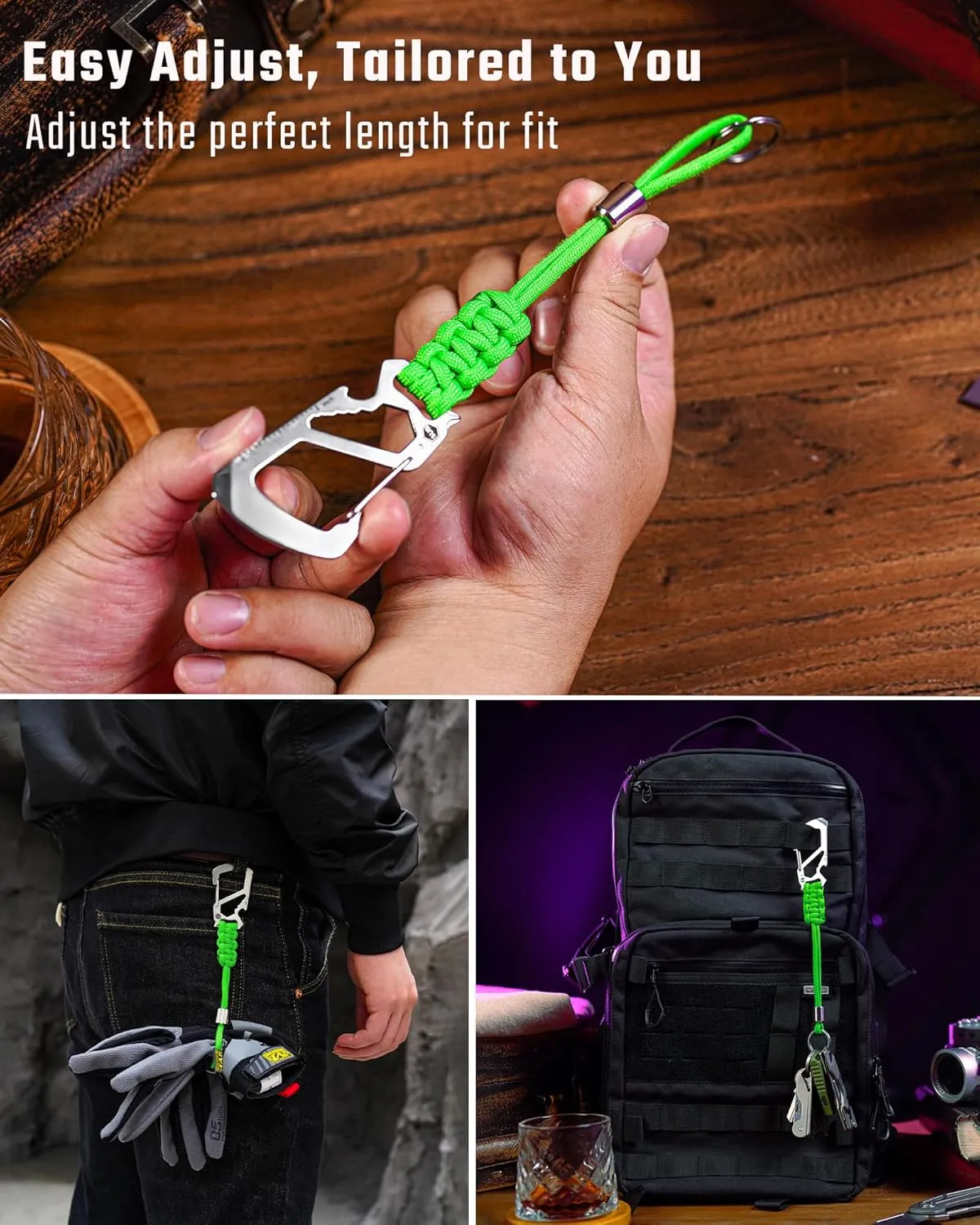 KeyUnity KC04 Paracord Keychain Carabiner Clip, Braided Lanyard with Stainless Steel Key Ring and Bead for Hanging Bottles