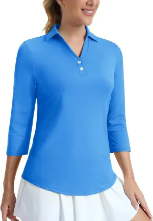 MAGCOMSEN Women's UPF 50  3/4 Long Sleeve Polo Shirts Collared V Neck Golf Shirts Sun Protection Quick Dry Casual Work