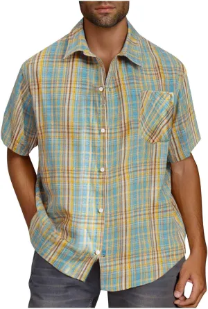Plaid Shirts for Men Short Sleeve Button Down Country Casual Checkered Gingham Shirts with Pocket