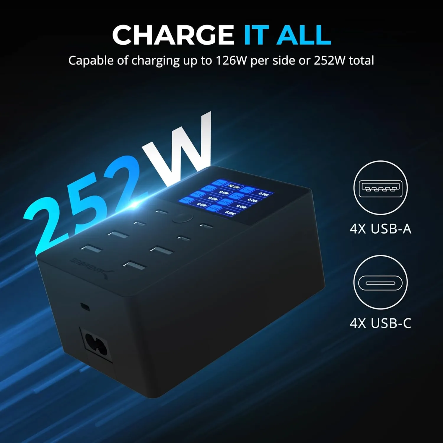 SABRENT 252W Charger  8-Port USB PD 3.0 with LCD Display, Fast Charging for USB-C & USB-A Devices, Laptops, Phones, Tablets, Gaming Consoles  PPS, Overcharge Protection, Travel-Friendly (AX-8PTC)
