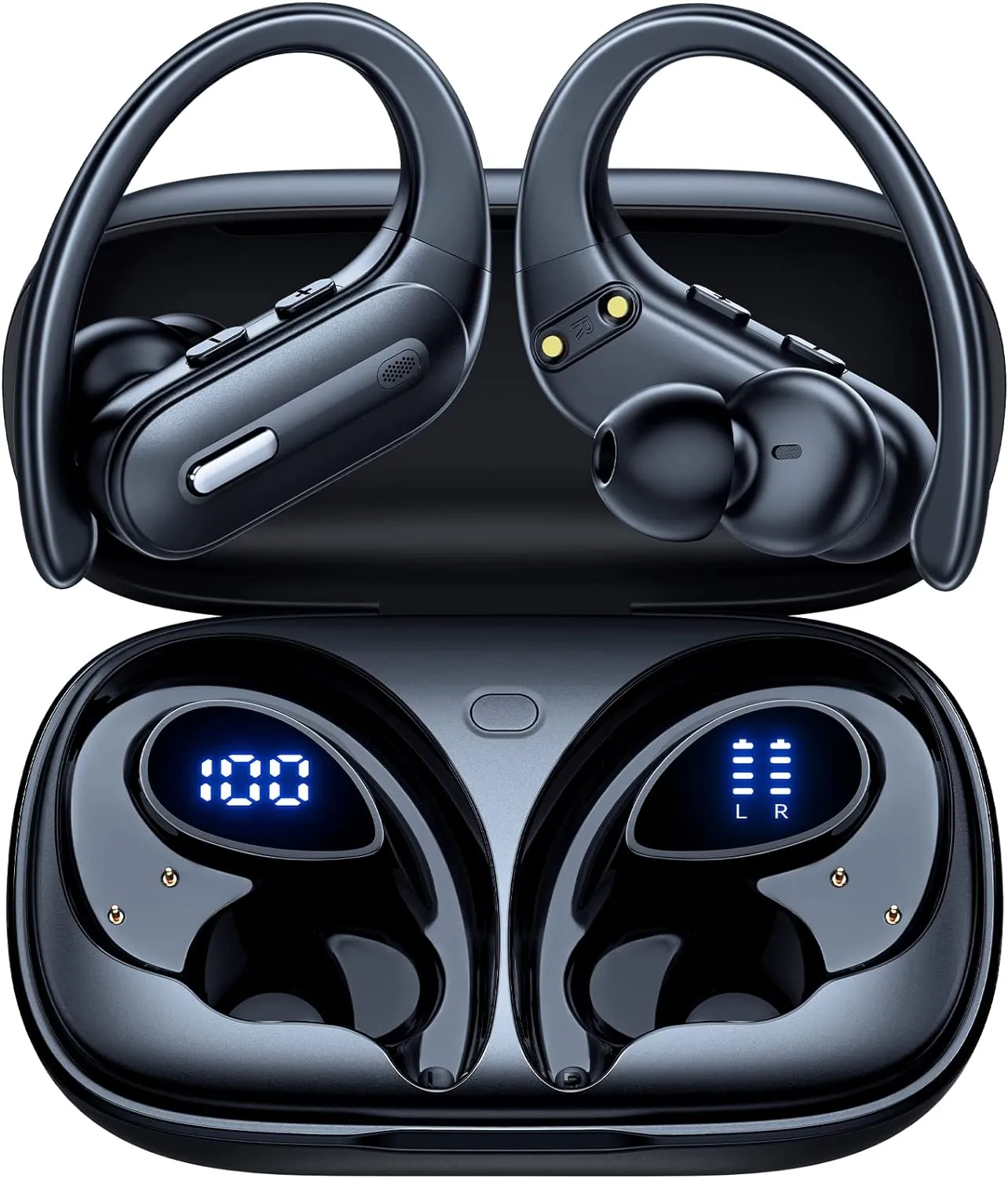 Wireless Earbuds ANC Noise Cancelling Bluetooth 5.3 Headphones 90 Hrs Playtime Earbuds with Wireless Charging Case Power Display Over-Ear Earphones with Earhooks Waterproof Stereo for Android Phone