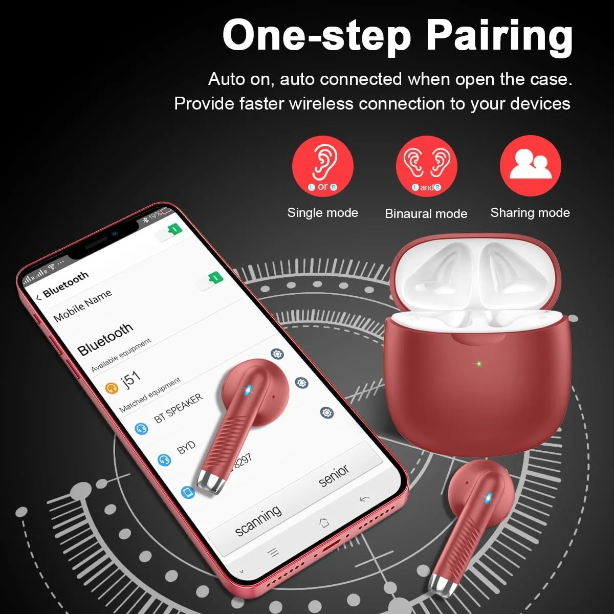 Wireless Earbuds, Bluetooth 5.3 Headphones in Ear with Noise Cancelling Mic, Bluetooth Earbuds Stereo Bass, IP7 Waterproof Sports Earphones, 32H Playtime USB C Charging Ear Buds Red for Android iOS