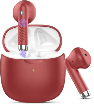 Wireless Earbuds, Bluetooth 5.3 Headphones in Ear with Noise Cancelling Mic, Bluetooth Earbuds Stereo Bass, IP7 Waterproof Sports Earphones, 32H Playtime USB C Charging Ear Buds Red for Android iOS
