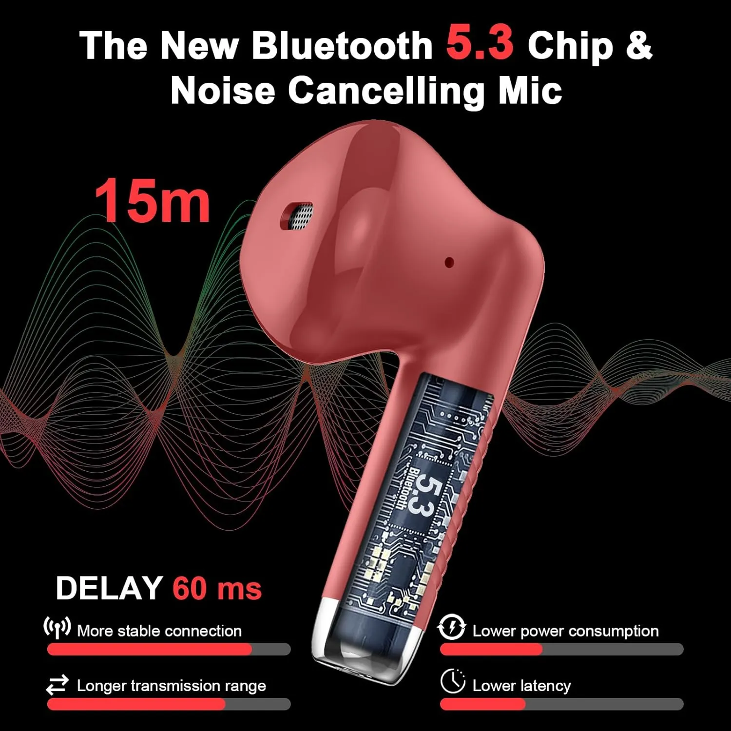 Wireless Earbuds, Bluetooth 5.3 Headphones in Ear with Noise Cancelling Mic, Bluetooth Earbuds Stereo Bass, IP7 Waterproof Sports Earphones, 32H Playtime USB C Charging Ear Buds Red for Android iOS