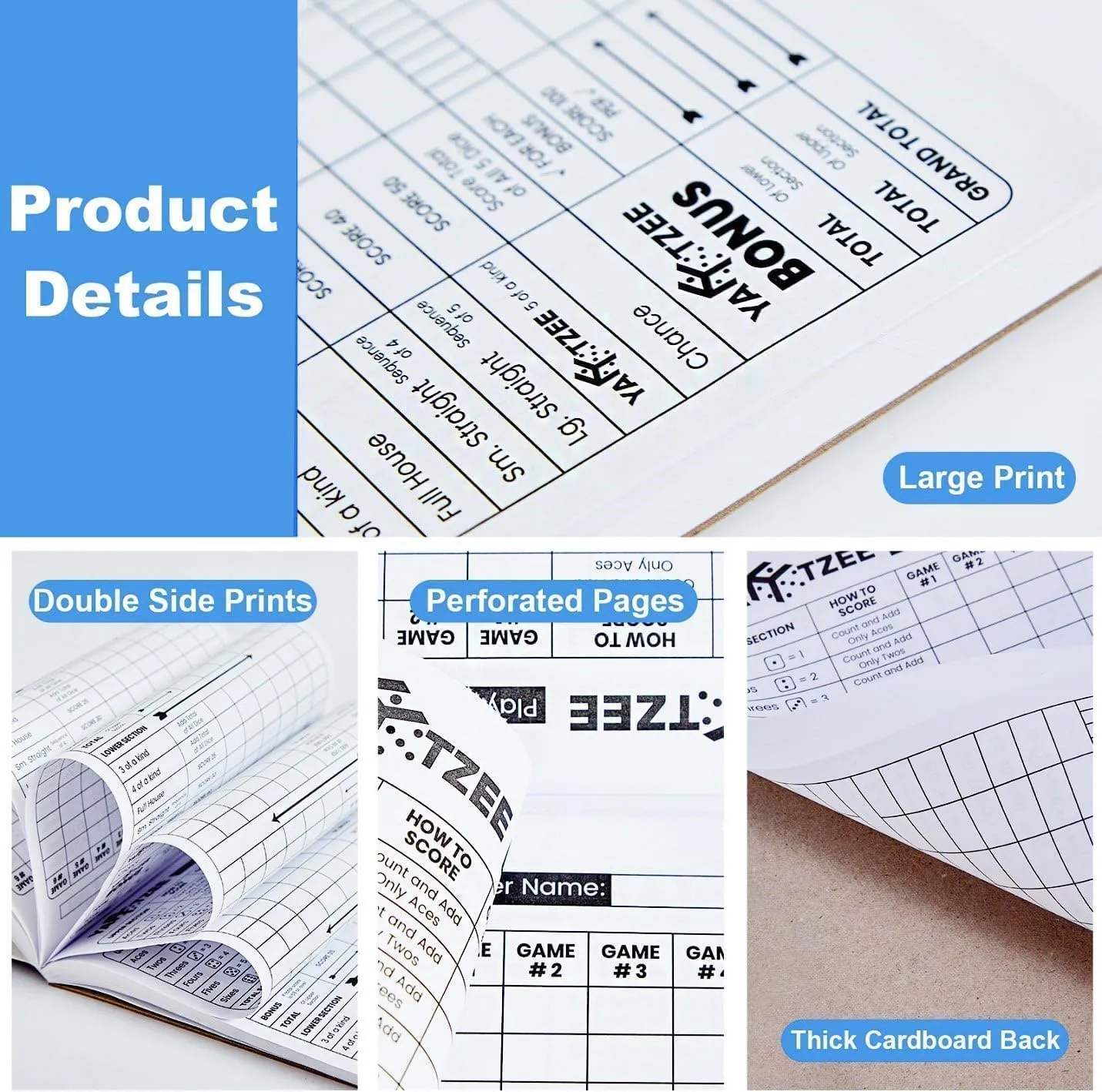 Yahtzee Score Pads Perforated: 120 Easy Tear Off, Large Print Yahtzee Score Pads Compatible with Yardzee and Yahtzee Games (8.5x11-120 Pages)